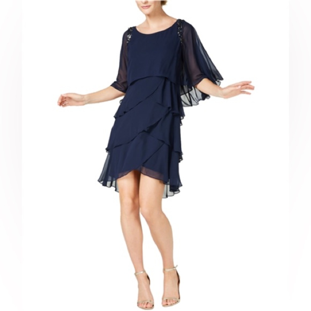 New SLNY Navy Beaded Tiered Dress Size 10